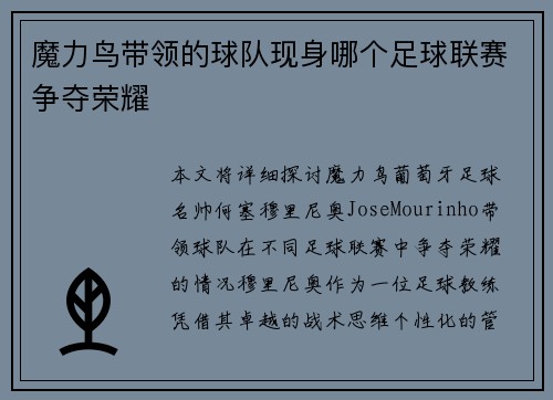 魔力鸟带领的球队现身哪个足球联赛争夺荣耀