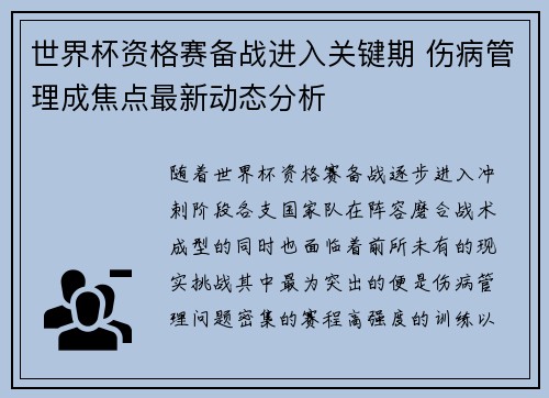 世界杯资格赛备战进入关键期 伤病管理成焦点最新动态分析